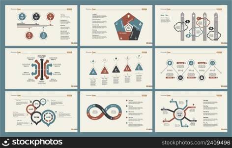Infographic design set can be used for workflow layout, diagram, annual report, presentation, web design. Business and economics concept with process and timing charts.. Six Economics Slide Templates Set