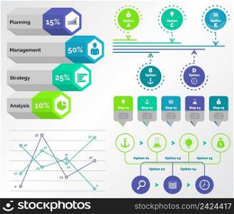 Infographic design set can be used for workflow layout, diagram, annual report, presentation, web design. Business and analytics concept with process, line and percentage charts.