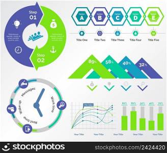 Infographic design set can be used for workflow layout, diagram, annual report, presentation, web design. Business and banking concept with process, line, bar and percentage charts.