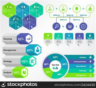 Infographic design set can be used for workflow layout, diagram, annual report, presentation, web design. Business and economics concept with process, doughnut and percentage charts.