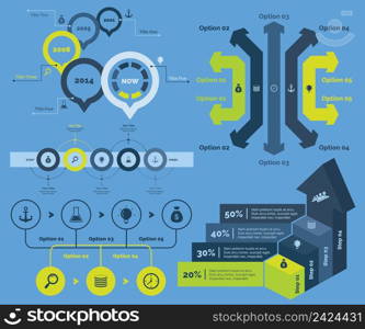 Infographic design set can be used for workflow layout, diagram, annual report, presentation, web design. Business and finance concept with process and bar charts.