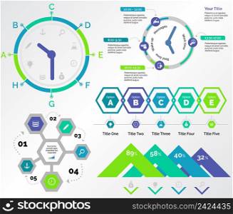 Infographic design set can be used for workflow layout, diagram, annual report, presentation, web design. Business and logistics concept with process, timing and percentage charts.