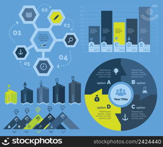 Infographic design set can be used for workflow layout, diagram, annual report, presentation, web design. Business and marketing concept with process and bar charts.