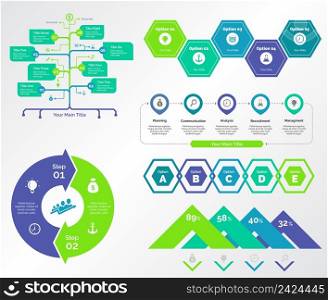 Infographic design set can be used for workflow layout, diagram, annual report, presentation, web design. Business and planning concept with process, flow and percentage charts.
