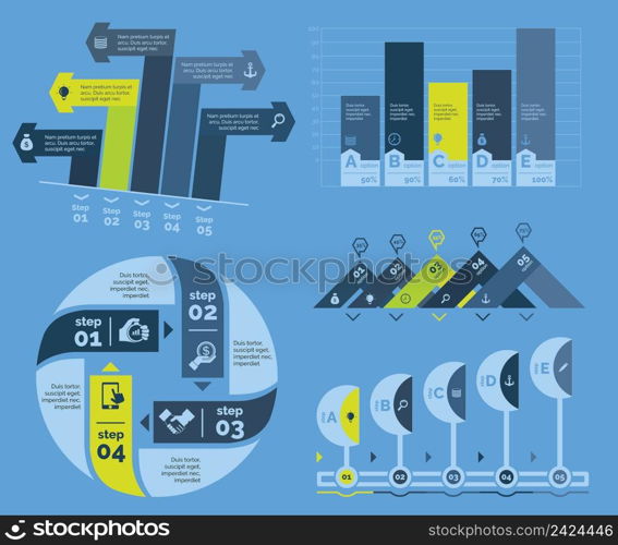 Infographic design set can be used for workflow layout, diagram, annual report, presentation, web design. Business and planning concept with process and bar charts.