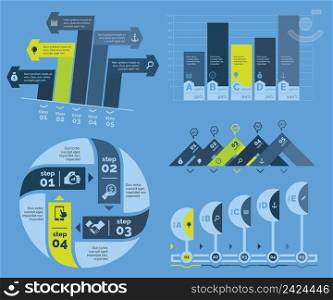 Infographic design set can be used for workflow layout, diagram, annual report, presentation, web design. Business and planning concept with process and bar charts.