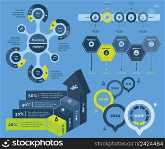 Infographic design set can be used for workflow layout, diagram, annual report, presentation, web design. Business and statistics concept with process and bar charts.