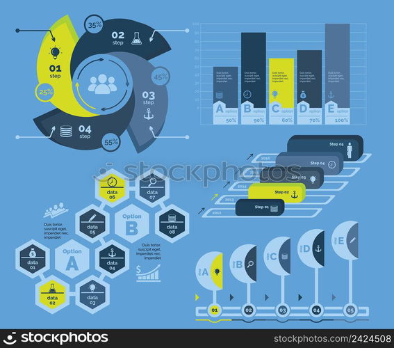 Infographic design set can be used for workflow layout, diagram, annual report, presentation, web design. Business and economics concept with process and percentage charts.