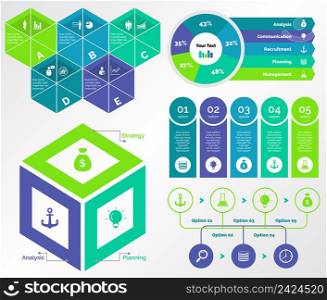 Infographic design set can be used for workflow layout, diagram, annual report, presentation, web design. Business and marketing concept with process and doughnut charts.