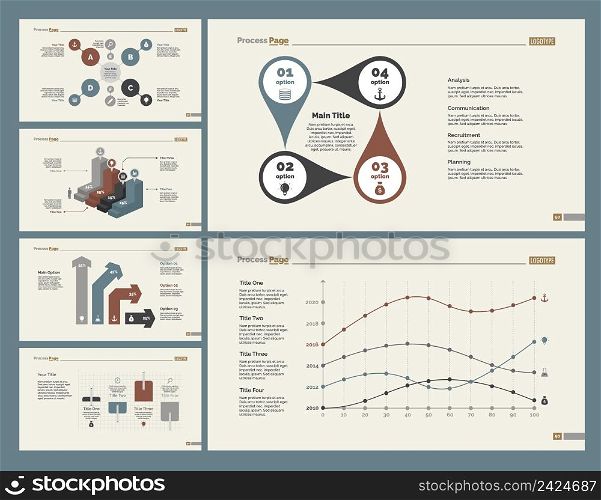 Infographic design set can be used for workflow layout, diagram, annual report, presentation, web design. Business and analytics concept with process, bar, line and percentage charts.