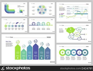 Infographic design set can be used for workflow layout, diagram, annual report, presentation, web design. Business and analytics concept with process, flow, line, bar and percentage charts.