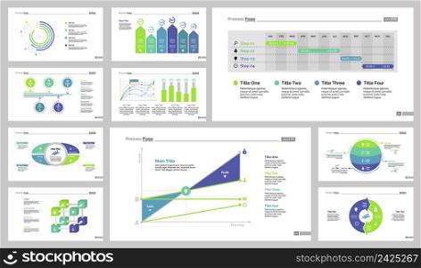 Infographic design set can be used for workflow layout, diagram, annual report, presentation, web design. Business and planning concept with process, line, area, doughnut, timing and bar charts.
