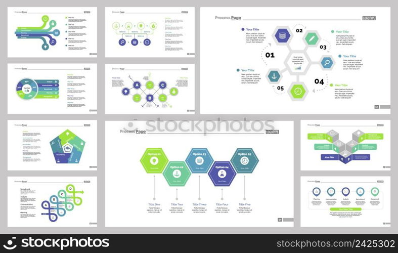 Infographic design set can be used for workflow layout, diagram, annual report, presentation, web design. Business and production concept with process and doughnut charts.