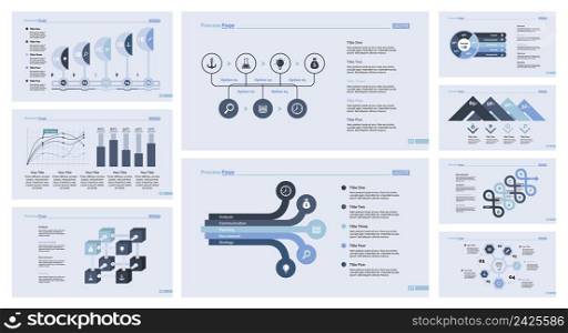 Infographic design set can be used for workflow layout, diagram, annual report, presentation, web design. Business and management concept with process, line, bar, pie and percentage charts.