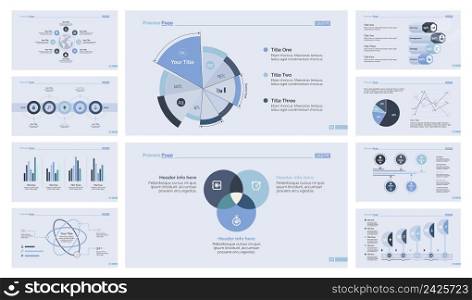 Infographic design set can be used for workflow layout, diagram, annual report, presentation, web design. Business and management concept with process, pie, Venn, bar, line and percentage charts.