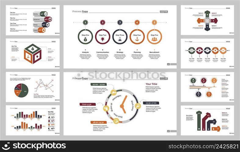 Infographic design set can be used for workflow layout, diagram, annual report, presentation, web design. Business and planning concept with process, bar, timing, line, pie and percentage charts.