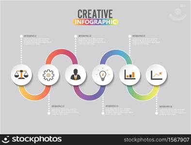 Infographic design template and marketing icons. Template for diagram, graph, presentation and round chart. Business concept with 6 options, parts, steps or processes. Data visualization.