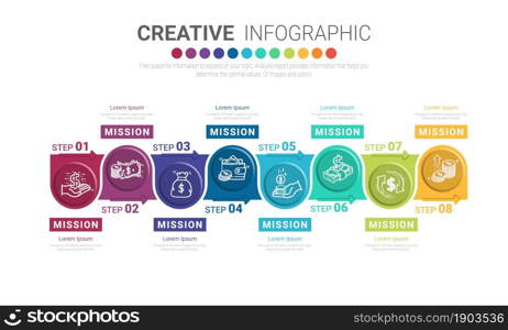 Infographic design template with numbers 8 option for Presentation infographic, Timeline infographics, steps or processes. Vector illustration.