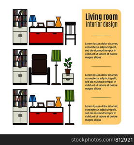 Infographic design with furniture for living room. Vector illustration. Furniture for living room infographic