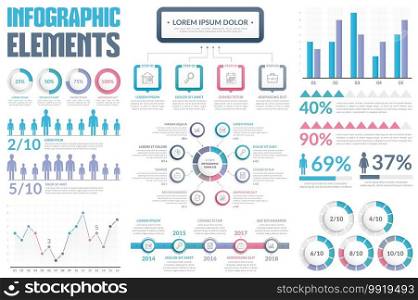 Infographic elements - bar and line charts, people infographics, circle diagram, process diagram, steps/options, round progress indicators, timeline, percents, vector eps10 illustration. Infographic Elements