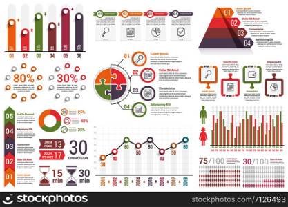 Infographic elements - bar and line graphs, process, steps, options, people infographics, pyramid, percents, vector eps10 illustration. Infographic Elements