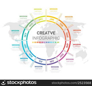 Infographic elements circle design for all month planners. Infographics for business concept. Can be used for presentations banner, workflow layout, process diagram, flow chart, info graph