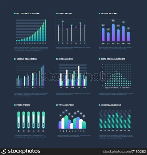 Infographic elements. Data visualization graphs, business workflow processes. Presentation charts and diagrams. Vector graphics and diagram, business graph and chart information illustration. Infographic elements. Data visualization graphs, business workflow processes. Presentation charts and diagrams. Vector graphics