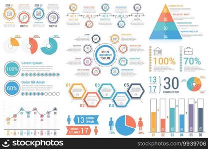 Infographic elements for business and presentations - percents, timeline, bar and line charts, pyramid, circle diagram, pie charts, vector eps10 illustration. Infographic Elements