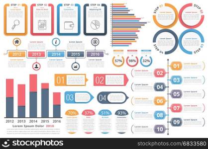 Infographic Elements. Infographic elements - objects with numbers and text, bar graphs, circle diagram, timeline, objects with percents and text, process diagram, vector eps10 illustration