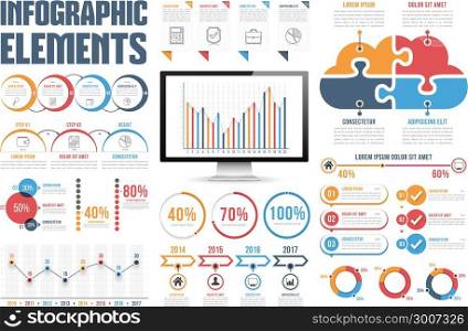 Infographic Elements. Infographic elements - process infographics, percents, bar chart and line chart, steps, options, timeline infographics, pie chart, puzzle cloud, vector eps10 illustration