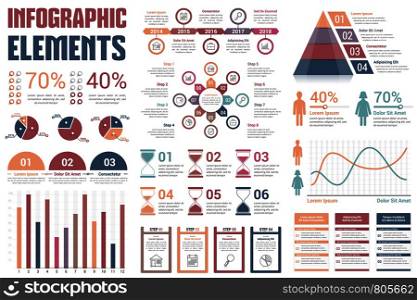Infographic Elements - pie charts, timeline, percents, bar graph, line graph, people infographics, circle diagram, pyramid, steps, options, vector eps10 illustration. Infographic Elements
