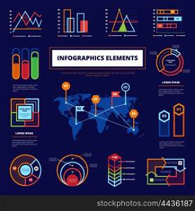 Infographic Elements Poster. Infographic elements poster with world map in center and different diagrams around on blue background flat vector illustration