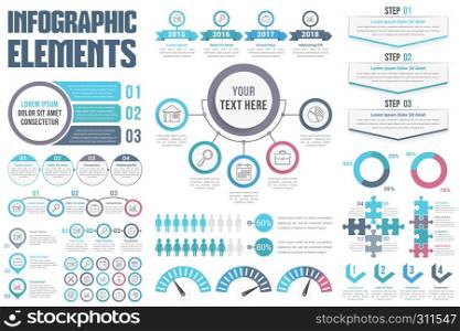 Infographic elements - process, steps, options, workflow, circle diagram, timeilne, human infographics, pie charts, puzzle infographics, vector eps10 illustration. Infographic Elements