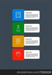 Infographic elements, squared frames and text s&le with hadlines, icons of human brain, chess figure and strongbox isolated on vector illustration. Infographic Elements Squared Vector Illustration