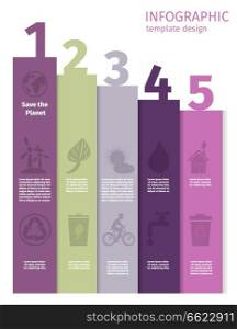 Infographic five steps with actions for earth saving. Vector colorful poster of vertical lines with motivations to keep planet clean. Infographic 5 Steps for Earth Planet Saving Poster