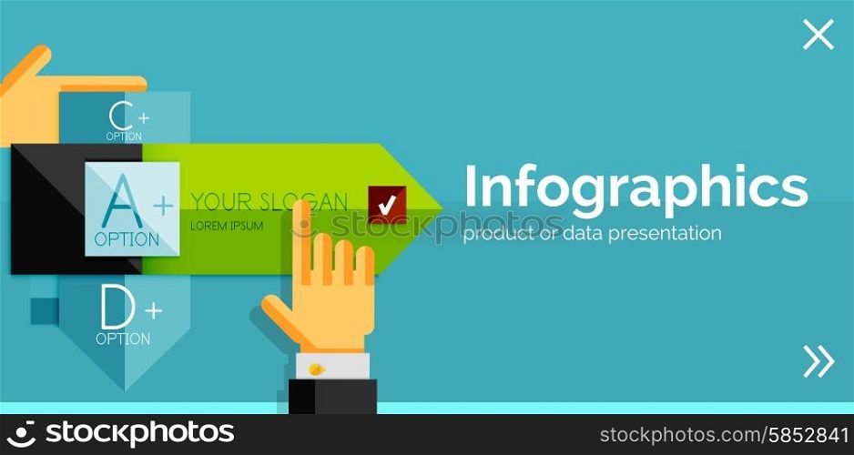 Infographic flat design banner with hands showing the product or data. Infographic flat design banner with hands