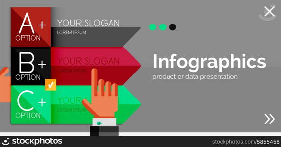 Infographic flat design banner with hands showing the product or data. Infographic flat design banner with hands