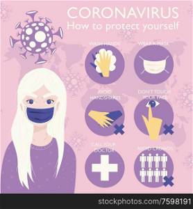 Infographic for coronavirus 2019-nCov with a young girl wearing a medical mask. Virus outbreak data for prevention. Flat vector illustration