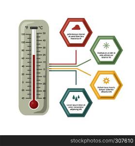Infographic illustration with medicine thermometer. Different temperature , cold and warm. Vector picture with place for your text. Infographic illustration with medicine thermometer. Different temperature , cold and warm