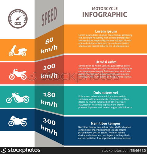 Infographic main types bikes motorcycles fuel consumption speed classification chart with standard sport touring scooters vector illustration