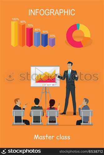 Infographic Master Class. Training Staff Brief Presentation. Infographic master class. Training staff briefing presentation. Staff meeting, staffing and corporate or employee training, mentor and people, business seminar, meeting group. Vector illustration