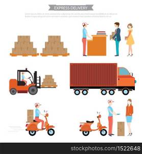 Infographic of Logistics crate product package delivery service worker transport in process,Express delivery ,Pallet box loader truck loading process, vector illustration.