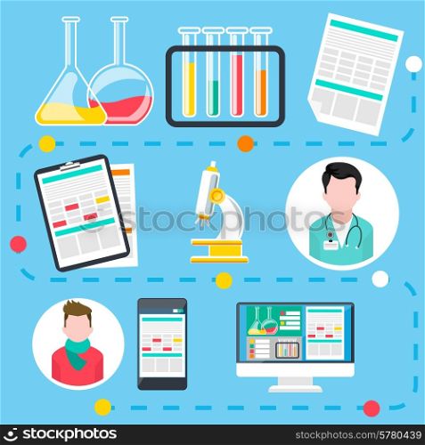 Infographic of steps by online medical consultation and diagnosis with assorted medical icons flat design