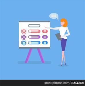 Infographic on whiteboard, woman giving presentation vector. Business plan on board with explanation from manager, presenter with clipboard explaining. Woman Presenting Business Concept on Board Charts