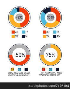 Infographic, pie diagrams business statistics representation vector. Schemes with numbers and data on analysis. Flowchart layout, graphics design. Infographic, Pie Diagrams Business Representation