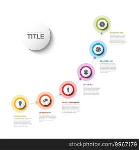 Infographic progress timeline template with six color circle elements with icons and descriptions. Infographic progress timeline template