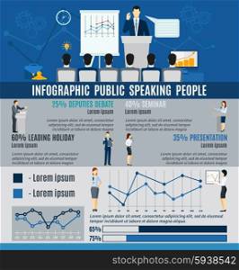 Infographic Public People Speaking From Podium. Infographic public people speaking to audience from podium statistics and graphs flat vector illustration.