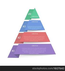 Infographic pyramid. The triangle diagram is divided into 4 parts.  Business strategy, project development schedule, or training stages. Flat design.