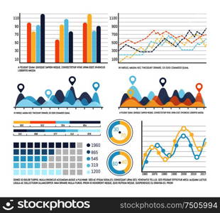 Infographic schemes and pie diagrams with numbers vector. Numeral information on visual layouts, statistics and data in flowcharts and growing charts. Infographic Schemes and Pie Diagrams with Numbers