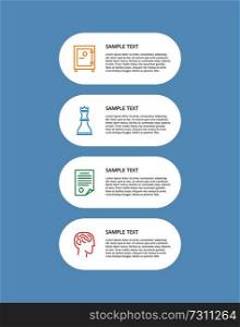 Infographic set and text sample rounded frames with headlines and icons, infographic and chess figure, vector illustration isolated on blue background. Infographic Set Text Sample Vector Illustration